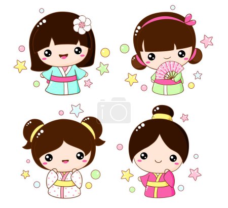 Illustration for Set of cute little girls in kawaii style. Hanami season collection of Japanese traditional toy kokeshi doll in kimono - Royalty Free Image