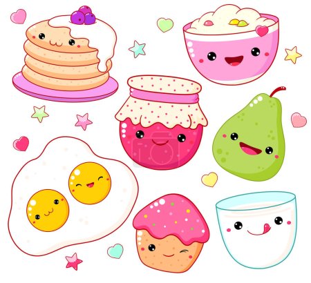 Breakfast time. Set of cute food icons in kawaii style for sweet design. Scrambled eggs, cupcake, milk, oatmeal, pear, pancakes, jam