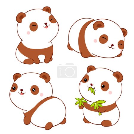 Illustration for Set of cute fat pandas kawaii style. Collection of lovely baby  panda in different poses. Can be used for t-shirt print, stickers, greeting card design - Royalty Free Image