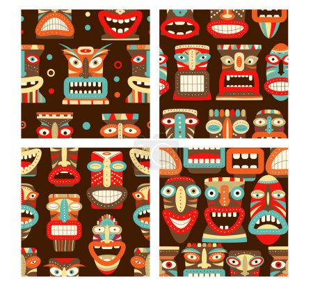 Ilustración de Conjunto de patrón sin costuras con máscara de tiki hawaiano. Colección de muestras con tótems polinesios o africanos. Textura para papel pintado, fondo de página web, texturas superficiales - Imagen libre de derechos