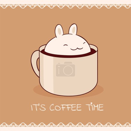 Illustration for Square retro card with cute animal in cup in kawaii style. Vintage style card with lovely little bunny in cup. Can be used for t-shirt print, stickers, greeting card design - Royalty Free Image