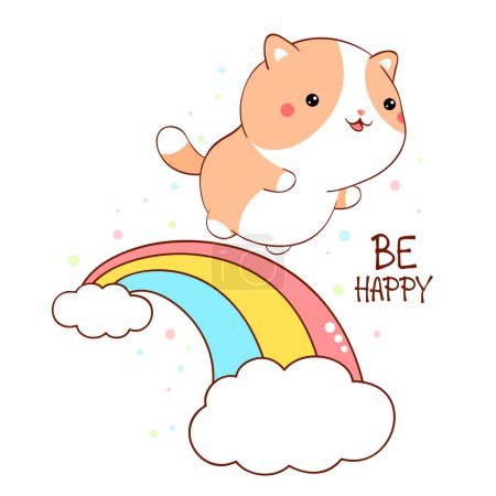 Illustration for Affirmation for kids playroom, nursery. Sticker with inspirational positive quote Be happy. Cute little cat walks on the rainbow - Royalty Free Image