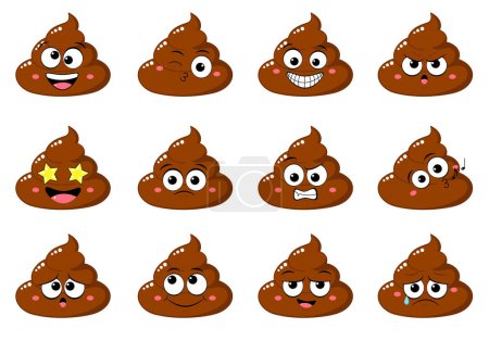Illustration for Collection of Cute funny poop with different mood. Set of cartoon poo emoji faces in different expressions - happy, sad, cry, fear, crazy - Royalty Free Image