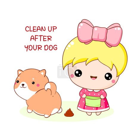 Téléchargez les illustrations : Nettoyez après votre chien. Petite fille mignonne avec sac en plastique qui nettoie les excréments de son chiot. Nettoyage des excréments de chiens - en licence libre de droit