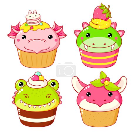 Téléchargez les illustrations : Ensemble de desserts mignons en forme de dragon doux dans le style kawaii. Gâteau, muffin et cupcake à la crème fouettée et aux baies - en licence libre de droit