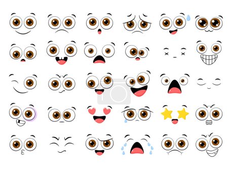 Ilustración de Colección de emoticonos con diferentes estados de ánimo. Conjunto de caras emoji de dibujos animados en diferentes expresiones - Imagen libre de derechos