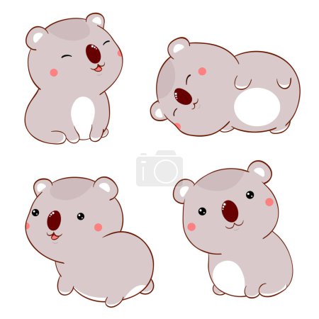 Ilustración de Conjunto de koalas de dibujos animados gordos lindos en estilo kawaii. Colección de precioso bebé koala en diferentes poses. Ilustración vectorial EPS8 - Imagen libre de derechos