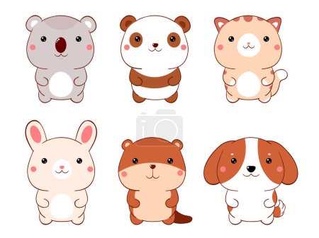 Ilustración de Conjunto de animales de dibujos animados gordos lindos en estilo kawaii. Colección de precioso bebé animal. Divertido perro, gato, panda, castor, koala, conejo - Imagen libre de derechos