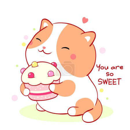 Illustration for You are so sweet. Cute fat kitten hugs cupcake. Can be used for design of t-shirt, poster, print, card - Royalty Free Image
