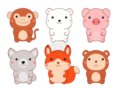 Ilustración de Conjunto de animales de dibujos animados gordos lindos en estilo kawaii. Colección de precioso bebé animal. Mono gracioso, ardilla, oso polar, lobo, gopher, cerdo - Imagen libre de derechos