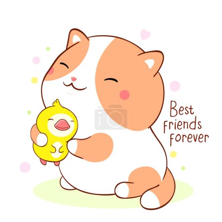Illustration for Best friends forever. Cute fat kitten hugs duckling friend. Can be used for design of t-shirt, poster, print, card. Vector illustration EPS8 - Royalty Free Image
