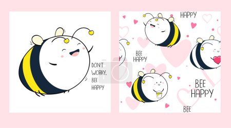 Illustration for Don't worry, bee happy. Set of seamless pattern and one print with cute cheerful fat bee. Endless texture can be used for textile pattern fills, t-shirt design, web page background. Vector EPS8 - Royalty Free Image