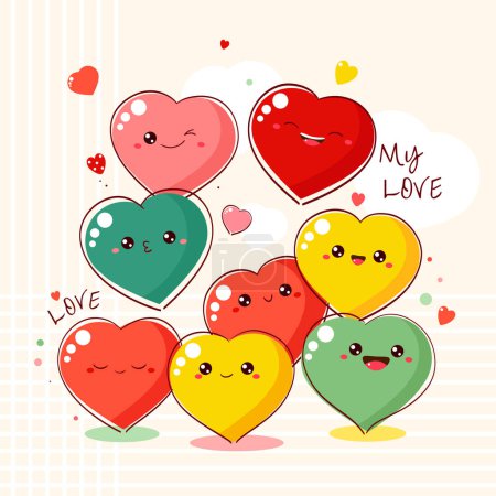 Illustration for Cute Valentine card in kawaii style. Many cute funny hearts with emoji faces. Inscription My Love. Can be used for t-shirt print, stickers, greeting card design - Royalty Free Image
