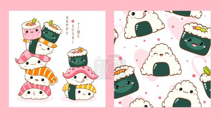 Illustration for Set of seamless pattern and one print with cute sushi and roll in kawaii style. Endless texture can be used for textile pattern fills, t-shirt design, web page background. Vector illustration EPS8 - Royalty Free Image