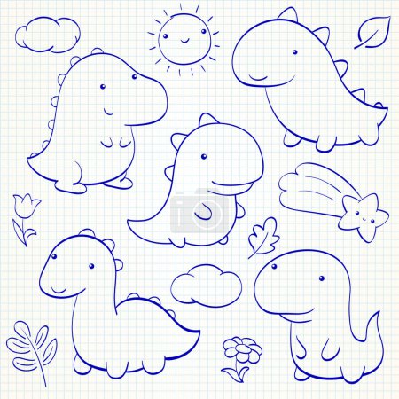 Illustration for Kids collection of doodle elements - cute dino, cloud, sun, leaf, comet. Set of sketches in hand drawn style. Collection of smiling cartoon dinosaurios. Vector EPS8 - Royalty Free Image