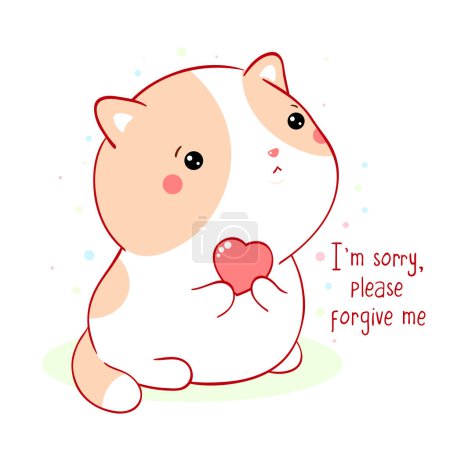 Illustration for Apologize card. Sad little kitten with pink heart. Inscription I'm sorry, please forgive me. Cute baby cat apologize - Royalty Free Image