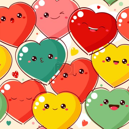 Ilustración de Patrón sin costuras con corazones de dibujos animados con caras de emoji. Lindo estampado de San Valentín en estilo kawaii. La textura sin fin se puede utilizar para rellenos de patrones textiles, diseño de camisetas, fondo de página web - Imagen libre de derechos