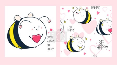 Illustration for Don't worry, bee happy. Set of seamless pattern and one print with cute cheerful fat bee. Endless texture can be used for textile pattern fills, t-shirt design, web page background - Royalty Free Image