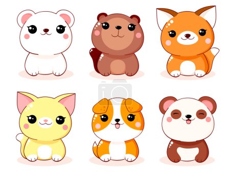 Ilustración de Conjunto de pequeños animales de dibujos animados lindo en estilo kawaii. Colección de precioso bebé animal. Perro gracioso, gato, panda, castor, zorro, oso polar. Vector EPS8 - Imagen libre de derechos