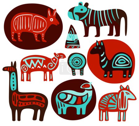 Ilustración de Conjunto de ornamentos animales étnicos. Motivos tribales africanos con siluetas de animales salvajes - llama, armadillo, antílope, tigre, jirafa - Imagen libre de derechos