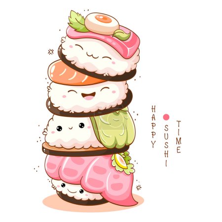 Téléchargez les illustrations : Pile de sushis mignons et rouleaux dans le style kawaii avec des visages souriants. Cuisine traditionnelle japonaise - en licence libre de droit