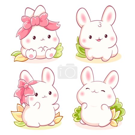 Ilustración de Conjunto de conejito en estilo kawaii. Pequeños conejos bebé en múltiples poses. Linda colección de hojas de expresión de conejo. Puede ser utilizado para la impresión de la camiseta, etiqueta engomada, tarjeta de felicitación. Vector EPS8 - Imagen libre de derechos