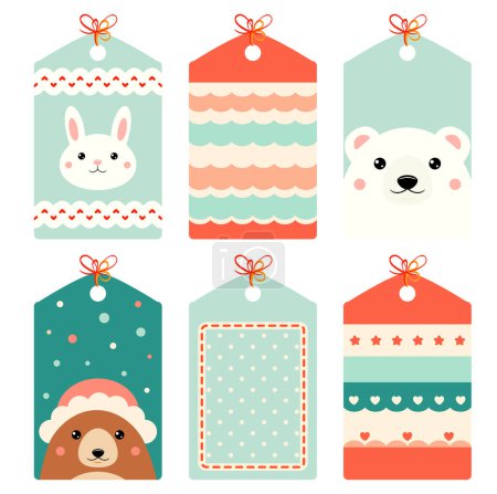 Illustration for Set of eye-catching Christmas card, banner, background, flyer, placard in naive hand-drawn style. Collection of gift tag, label or poster template with cute animals. Vector illustration EPS8 - Royalty Free Image