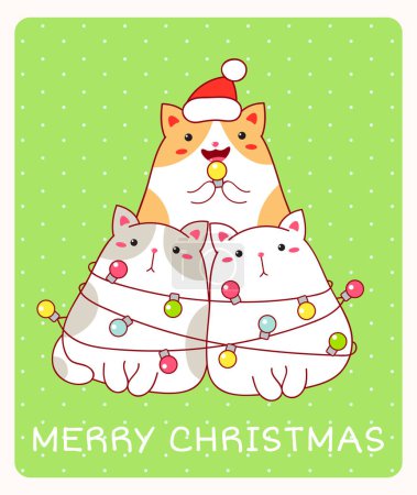 Illustration for Merry Christmas card with three funny fat cats wrapped xmas garland. Vertical Christmas card with lovely cat. Vector illustration EPS8 - Royalty Free Image