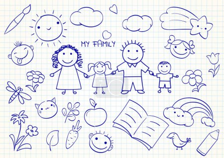 Illustration for My family. Set of cute hand drawn sketches. Collection of funny sketch on notebook page - mom, dad, son and daughter. Love, parenthood, childhood and relationship concept. Vector illustration EPS8 - Royalty Free Image