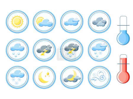 Ilustración de Conjunto de iconos meteorológicos. Iconos del tiempo de dibujos animados con sol, nublado, lluvia, tormenta de truenos, viento, nieve, nube, media luna. Colección de lindos signos brillantes para la web, diseño de la aplicación de pronóstico. Ilustración vectorial EPS8 - Imagen libre de derechos