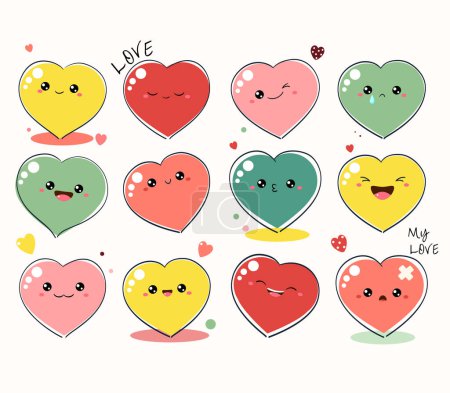 Illustration for Cute Valentine heart in kawaii style. Collection of heart-shaped emoticons with different mood. Set of cute funny hearts with emoji faces in different expressions. Vector illustration EPS8 - Royalty Free Image