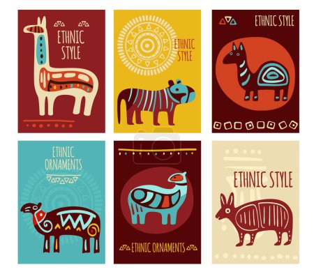 Illustration for Set of ethnic banner, background, flyer, placard with tribal ornaments of red, yellow, blue and brown colors. Vertical vector poster, template card, sticker with geometric patterns and animals - Royalty Free Image