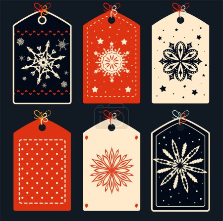 Illustration for Set of eye-catching Christmas card, banner, background, flyer, placard with snowflakes. Collection of gift tag, label or poster template with in red, black and ivory colors. Vector illustration EPS8 - Royalty Free Image