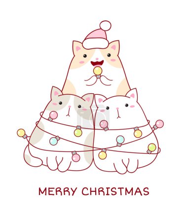 Illustration for Merry Christmas card with three funny fat cats wrapped xmas garland. Vertical Christmas card with lovely cat. Vector illustration EPS8 - Royalty Free Image
