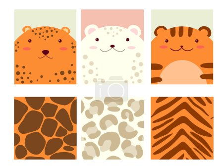 Illustration for Set of seamless pattern animal skin texture and one print with cute  jaguar, irbis, tiger. Endless texture can be used for textile pattern fills, t-shirt design, web page background. Vector EPS8 - Royalty Free Image