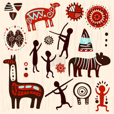 Ilustración de Set with prehistoric rock painting petroglyphs depicting human and animal. Cave art with ancient wild animal, hunter and ornament - Imagen libre de derechos