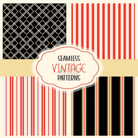 Illustration for Collection of seamless retro style background of black, red, beige color. Endless texture can be used for vintage design, wallpaper, pattern fills, web page background, surface textures. Vector EPS8 - Royalty Free Image