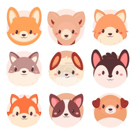Illustration for Set of kawaii member icon. Round stickers with cute cartoon dogs. Baby collection of avatar with puppy. Vector illustration EPS8 - Royalty Free Image