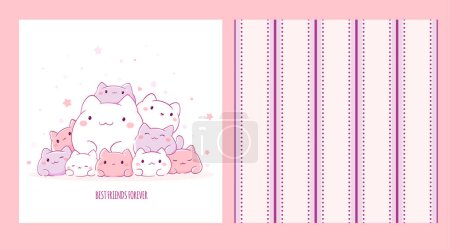 Illustration for Set of seamless pattern and one print with cute cats in kawaii style. Endless texture can be used for textile pattern fills, t-shirt design, web page background. Best friends forever. Vector EPS8 - Royalty Free Image