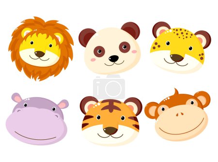 Illustration for Set of kawaii member icon. Stickers with cute cartoon panda, hippo, lion, leopard, tiger, monkey. Baby collection of avatar with animals. Vector illustration EPS8 - Royalty Free Image