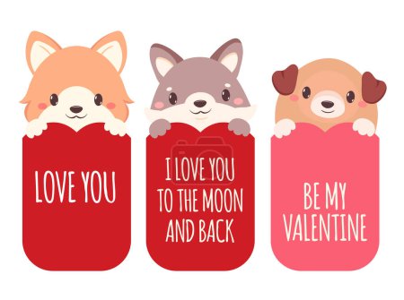 Illustration for Set of Valentine's day cards with cute dogs. Baby collection of gift tag with animal. Template holiday banner, sticker for decoration, congratulation, invitation. Vector EPS8 - Royalty Free Image