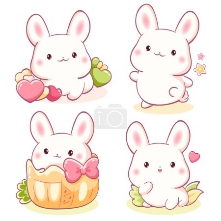 Illustration for Set of little bunny in kawaii style. Tiny baby rabbits in multiple poses. Cute rabbit expression sheet collection. Can be used for t-shirt print, sticker, greeting card. Vector EPS8 - Royalty Free Image
