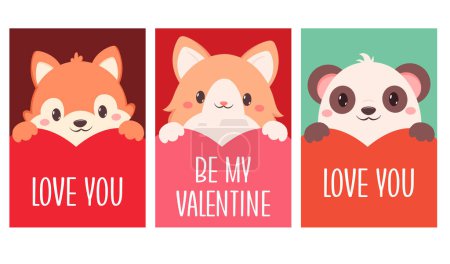 Illustration for Set of Valentine's day card with cute animals. Baby collection of gift tag with animal - panda, fox, cat. Template holiday banner, sticker for decoration, congratulation, invitation. Vector EPS8 - Royalty Free Image