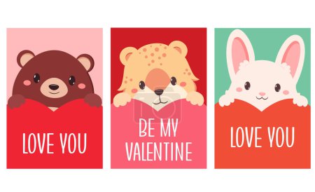 Illustration for Set of Valentine's day card with cute animals. Baby collection of gift tag with animal - bear, leopard, bunny. Template holiday banner, sticker for decoration, congratulation, invitation. Vector EPS8 - Royalty Free Image