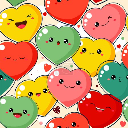Illustration for Seamless pattern with cartoon hearts with emoji faces. Cute Valentine print in kawaii style. Endless texture can be used for textile pattern fills, t-shirt design, web page background - Royalty Free Image