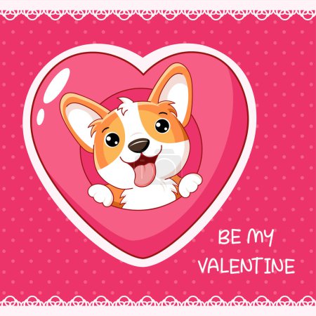 Illustration for Cute Valentine card in kawaii style. Lovely little corgi puppy with pink heart. Inscription  Be my Valentine. Can be used for t-shirt print, stickers, greeting card design. Vector illustration EPS8 - Royalty Free Image