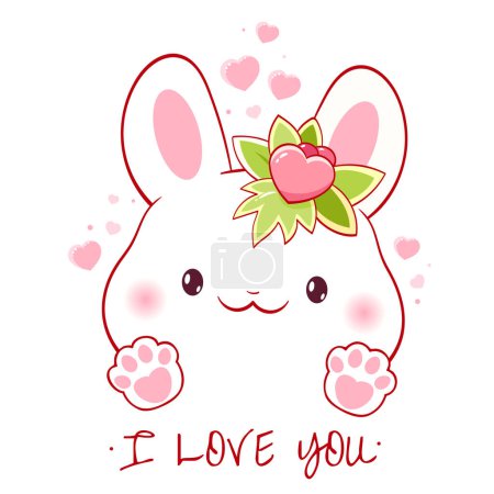 Illustration for Cute Valentine card in kawaii style. Lovely little bunny with pink heart. Inscription I love you. Can be used for t-shirt print, stickers, greeting card design. Vector illustration EPS8 - Royalty Free Image