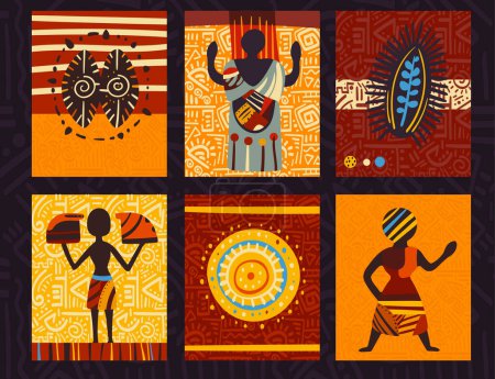 Ilustración de Conjunto de tarjeta llamativa, pancarta, fondo, volante, pancarta con adornos étnicos. Colección de tarjetas, etiquetas de regalo, etiquetas o carteles plantillas con motivos tribales africanos - Imagen libre de derechos