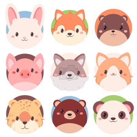Illustration for Set of kawaii member icon. Round stickers with cute cartoon dog, bear, leopard, cat, wolf, fox, panda, beaver, pig, rabbit. Baby collection of avatar with puppy. Vector illustration EPS8 - Royalty Free Image