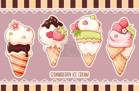 Illustration for Set of strawberry ice cream in kawaii style for sweet design. Sundae, gelato in waffle cone. Cute summer food collection in retro style. Vector illustration EPS8 - Royalty Free Image